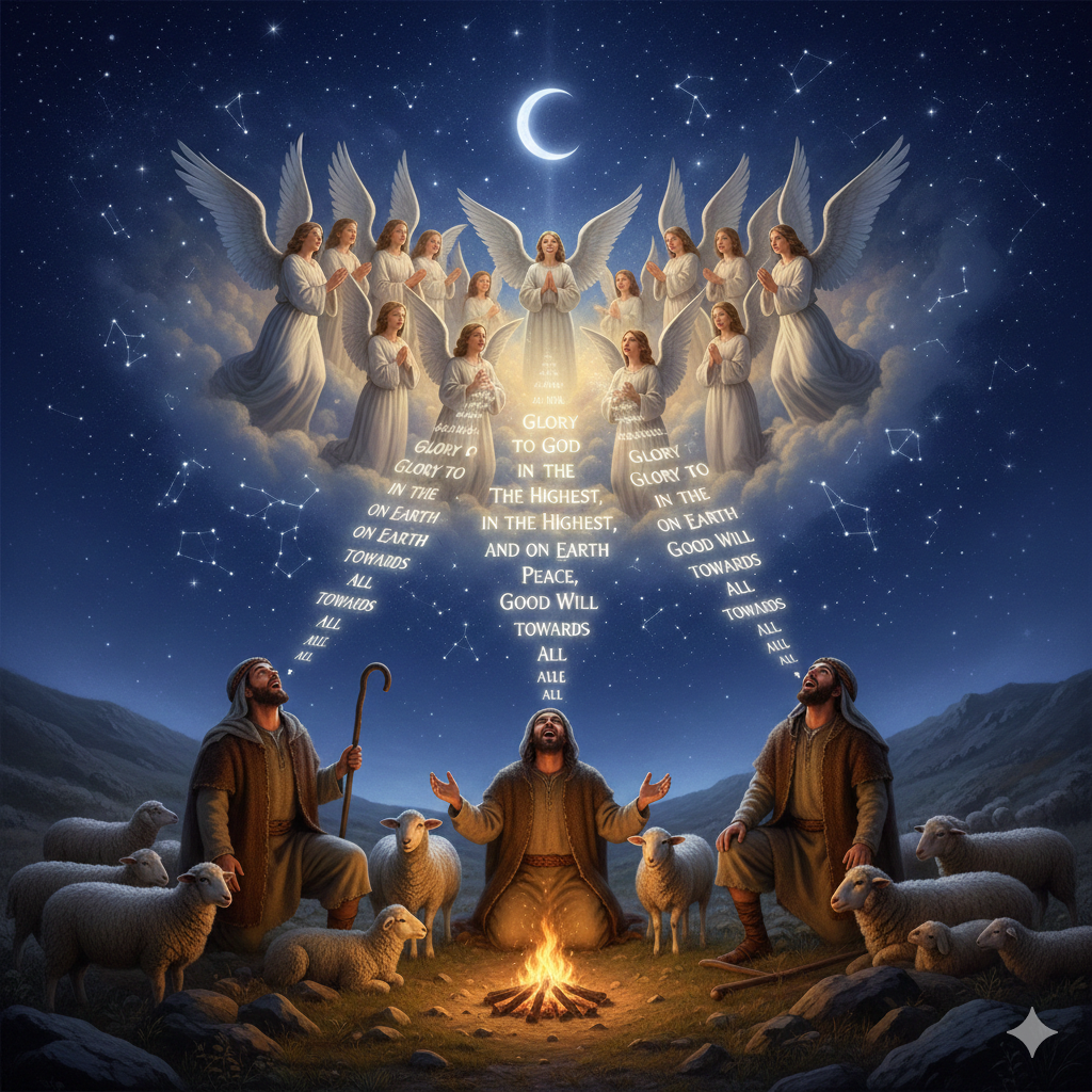 Angels and shepherds singing "Glory to God in the highest, and on earth peace, good will towards all."