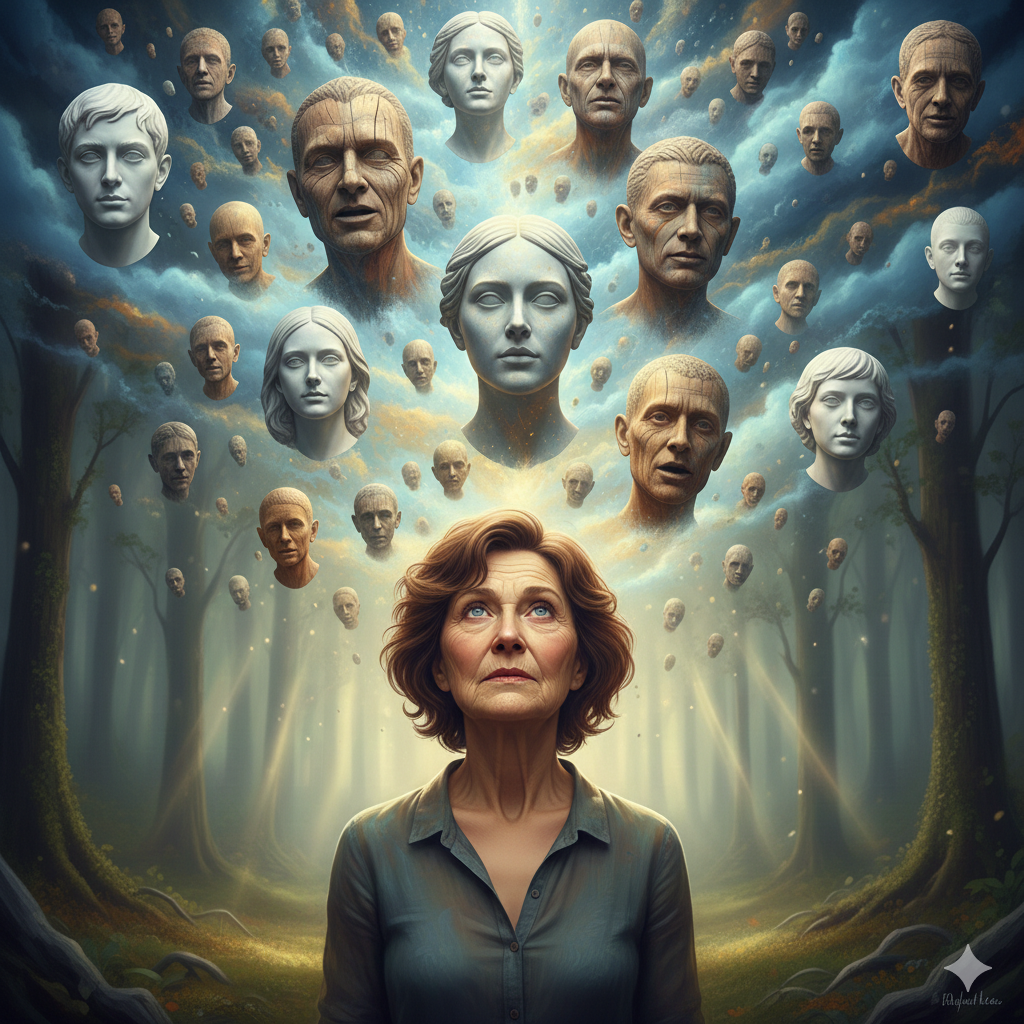 Woman surrounded by cloud of faces