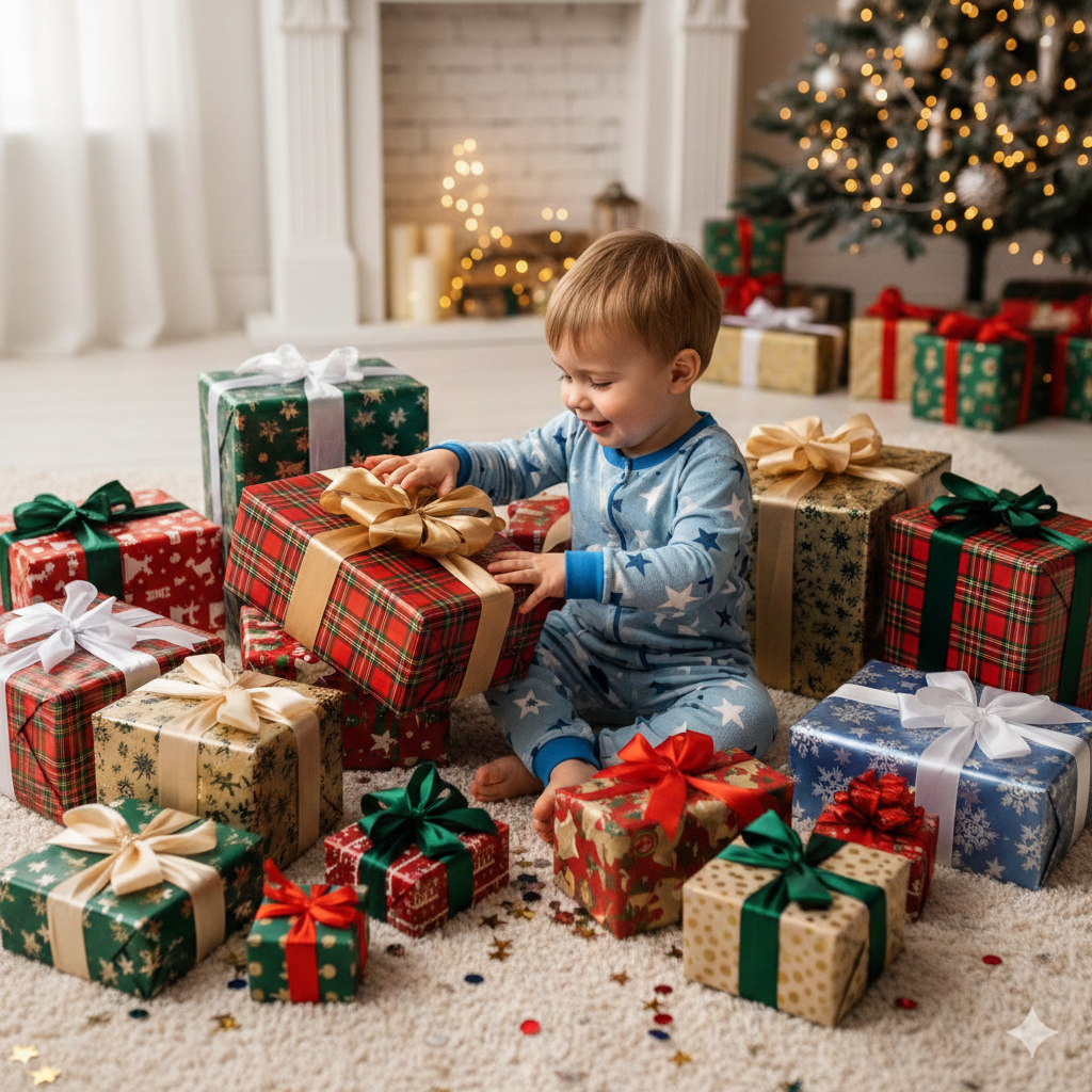 Child sitting surrounded by gifts