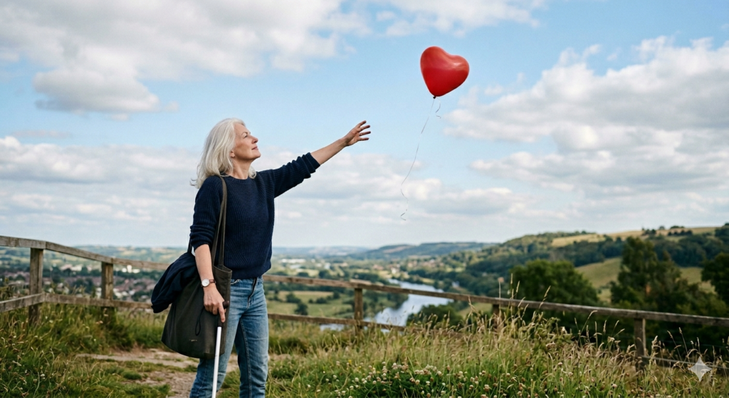 An older lady watching a balloon float away just out of reach.

