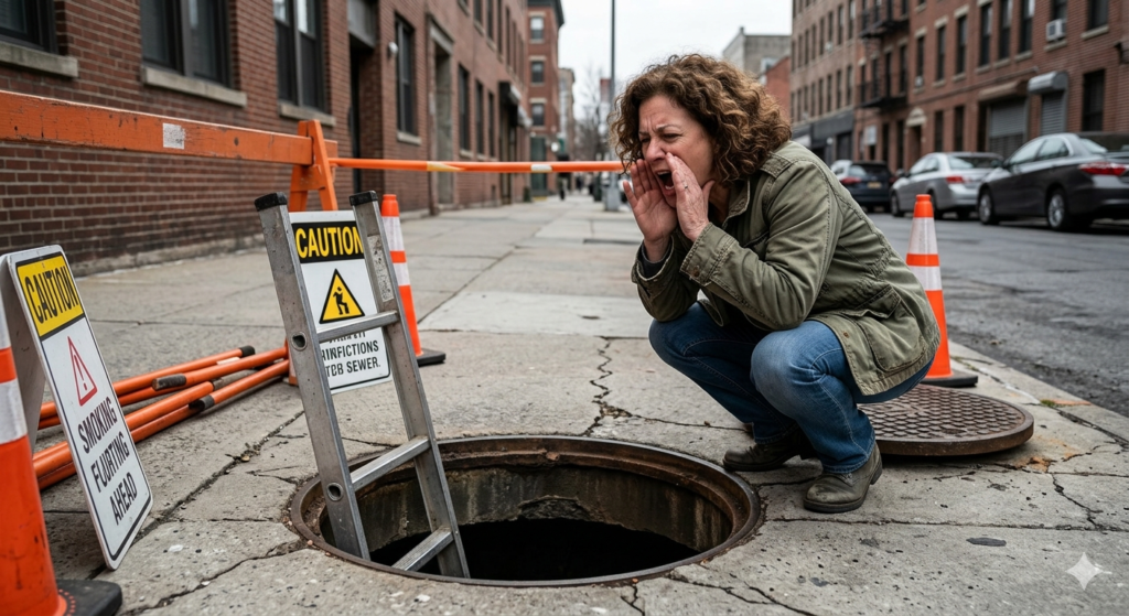 Lady shouting down a sewer
