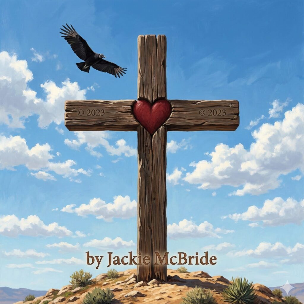 Heart-shaped thorns on a cross surrounded by desert. Blood drops are visible on the ground, and a vulture is circling the cross.
