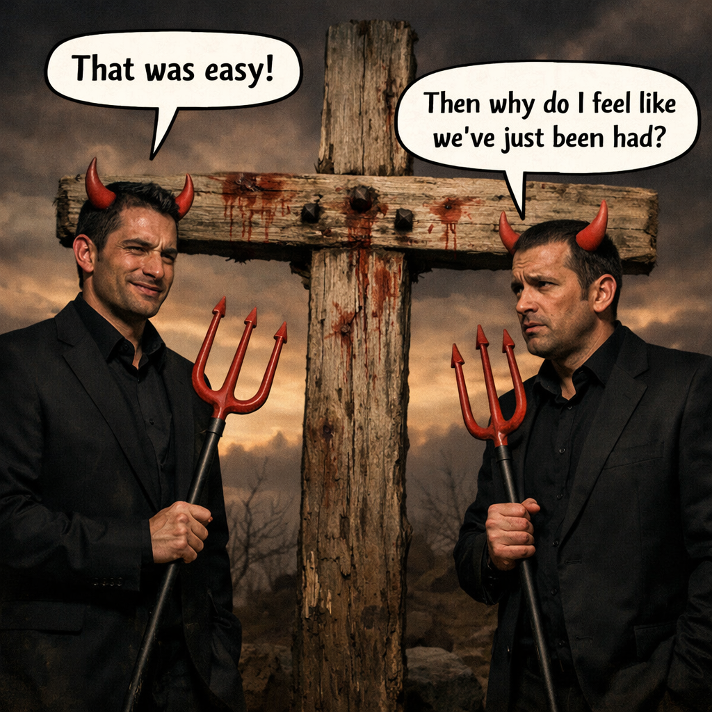 2 devils talking to each other near a nail-pierced, empty cross. 1 says: "That was easy." The other says, "Then why do I feel like we've just been had?