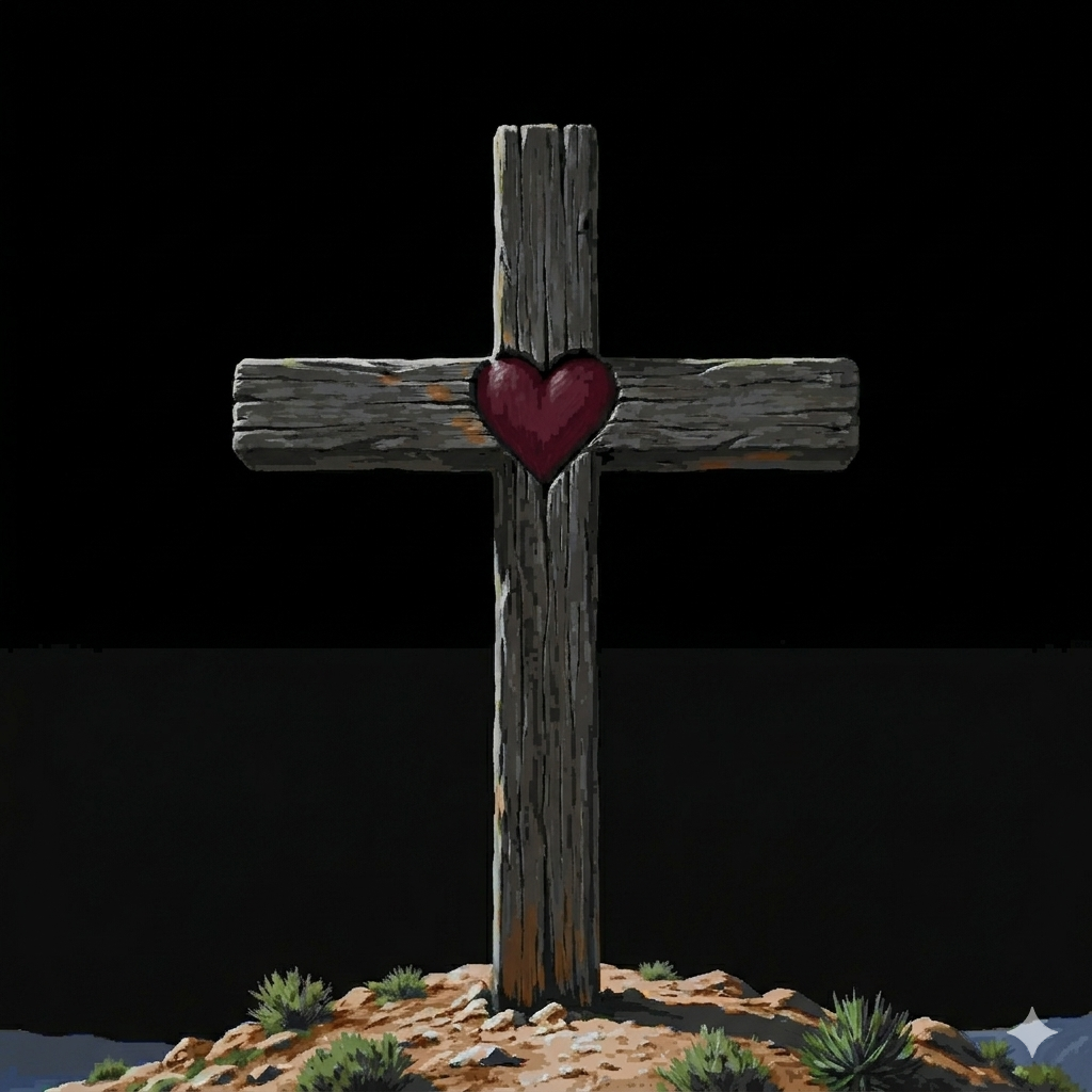 Heart on cross surrounded by darkness