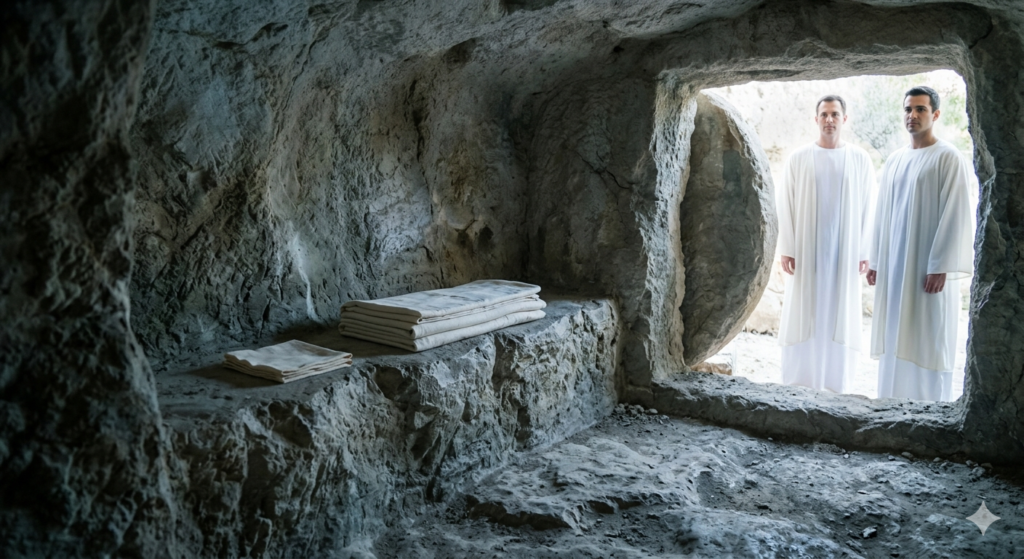 An empty burial cave. The shroud and linen wrappings are folded, 2 men in white stand just outside.