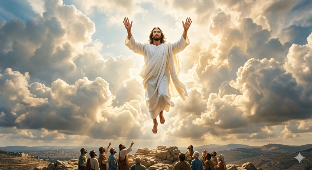 Jesus in white robe, ascending into Heaven
