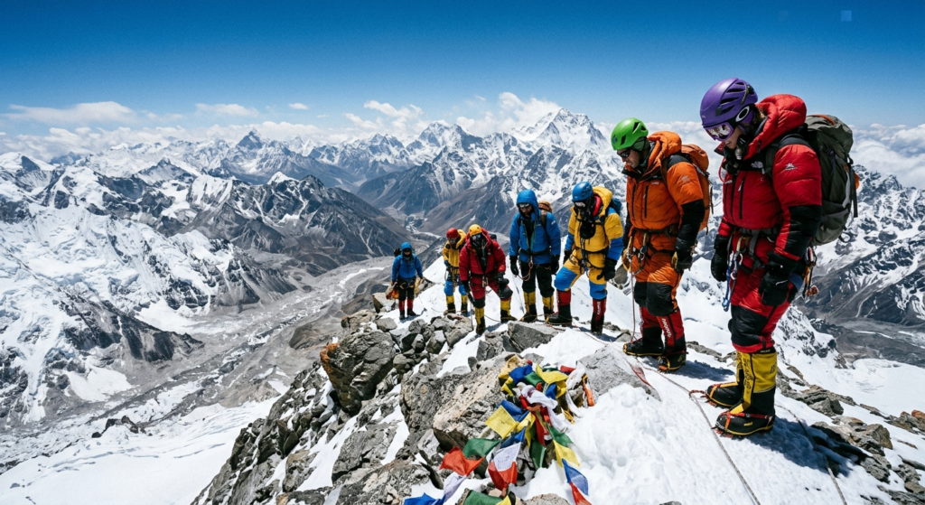 People looking down from Mt. Everest