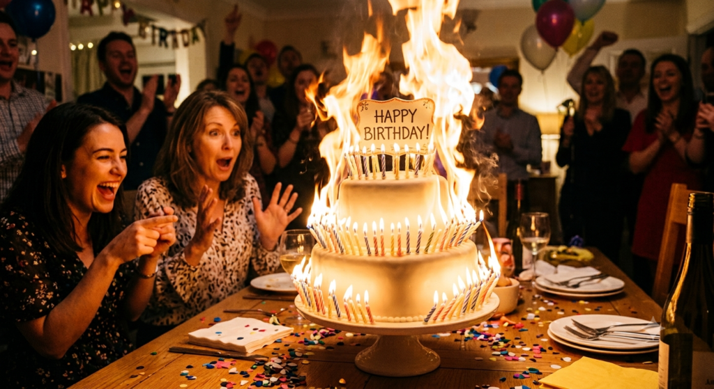 Birthday cake w/so many candles it catches fire