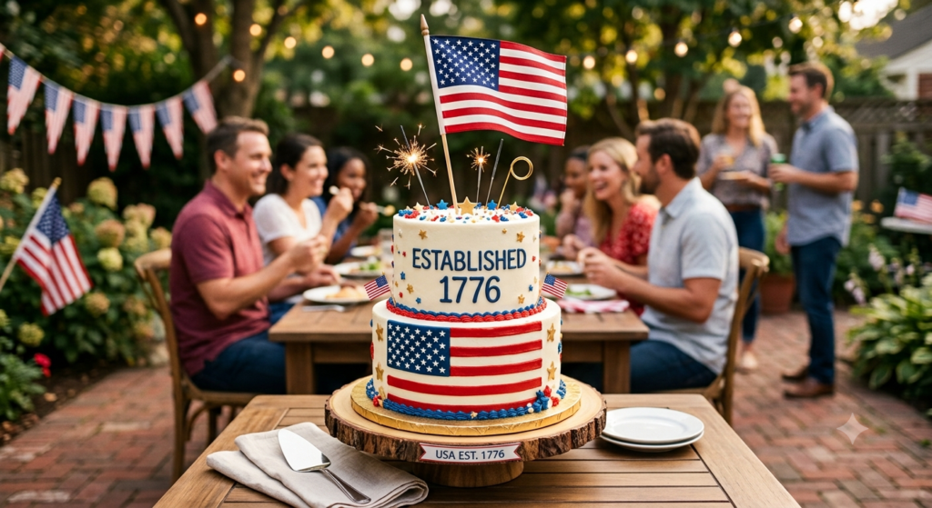 A flag & birthday cake w/happy 250th written on it.