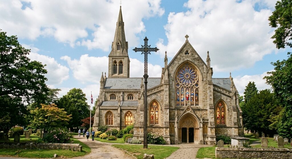 A church w/stained glass windows, a large cross, & tall spiral.