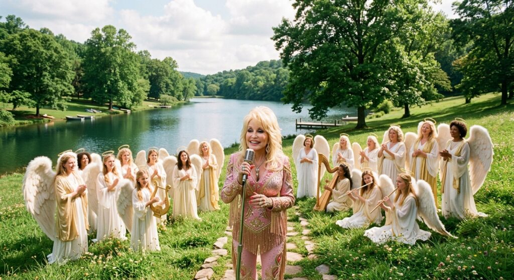Dolly Parton by a lake surrounded by angels, green grass & trees & singing into a microphone