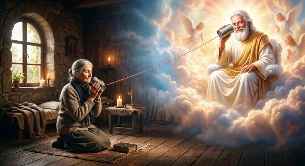 lady kneeling talking to God using tin can