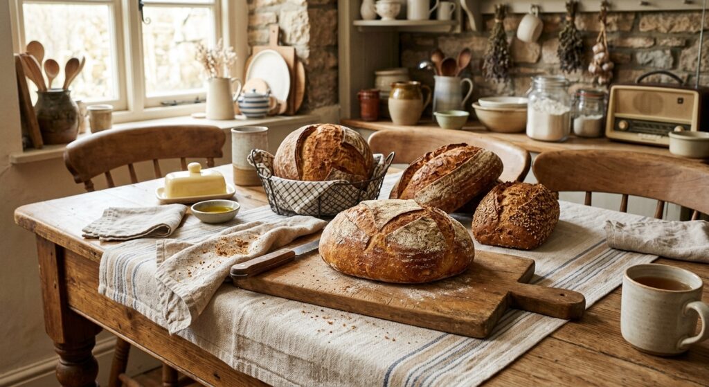 A table with homemade bread, olive oil and butter.