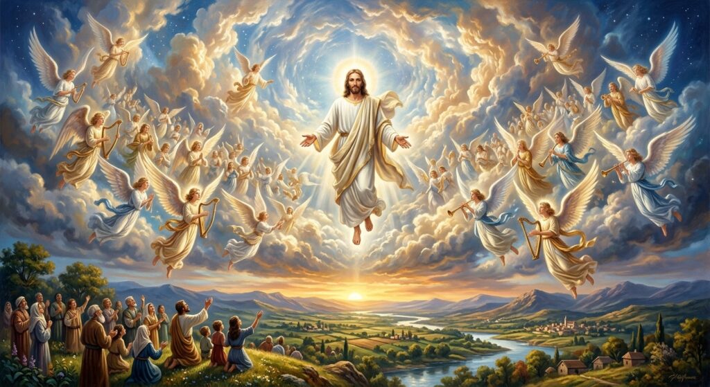 Jesus descending in the clouds to earth, surrounded by angels.