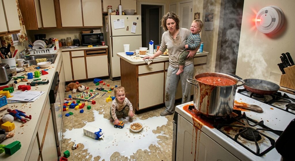 Kitchen chaos--kids crying, milk all over the floor, toys everywhere, a pot boiling over, and a smoke alarm going off.