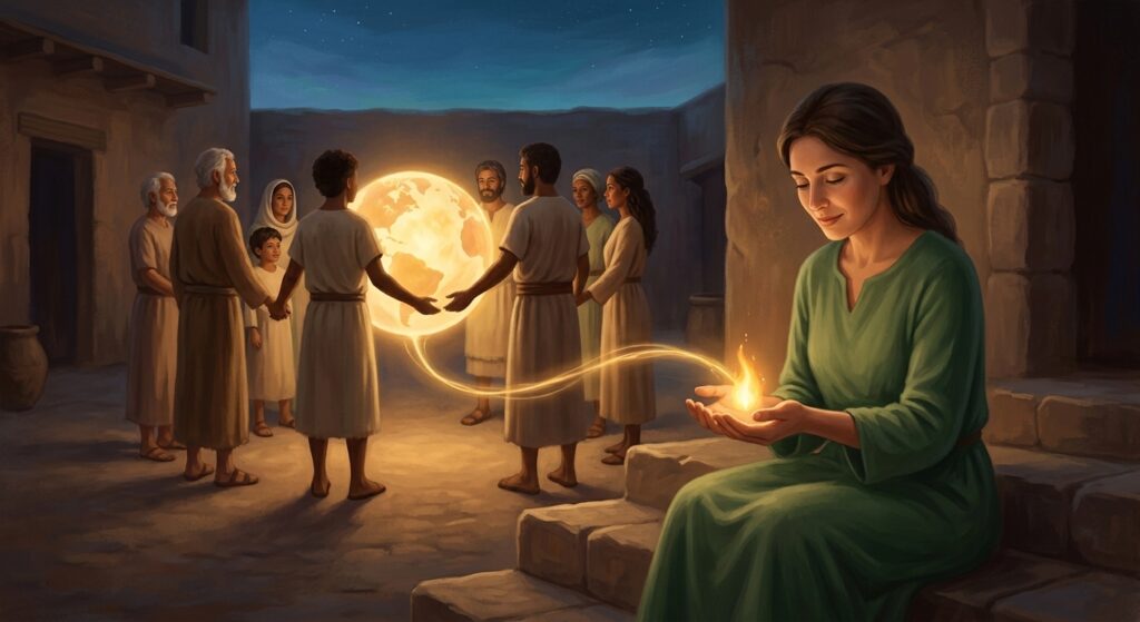 light surrounding a group of worshippers