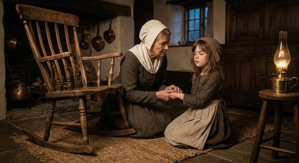 Little girl kneeling beside her grandma in a rocking chair